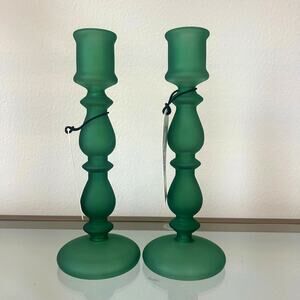 Hand Blown Art Glass Taper Candle Holders 10.5in Holiday Green Set of 2 New